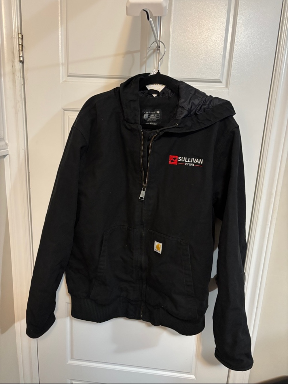 Carhartt Black Hooded Bomber Jacket with Red Sullivan Patch